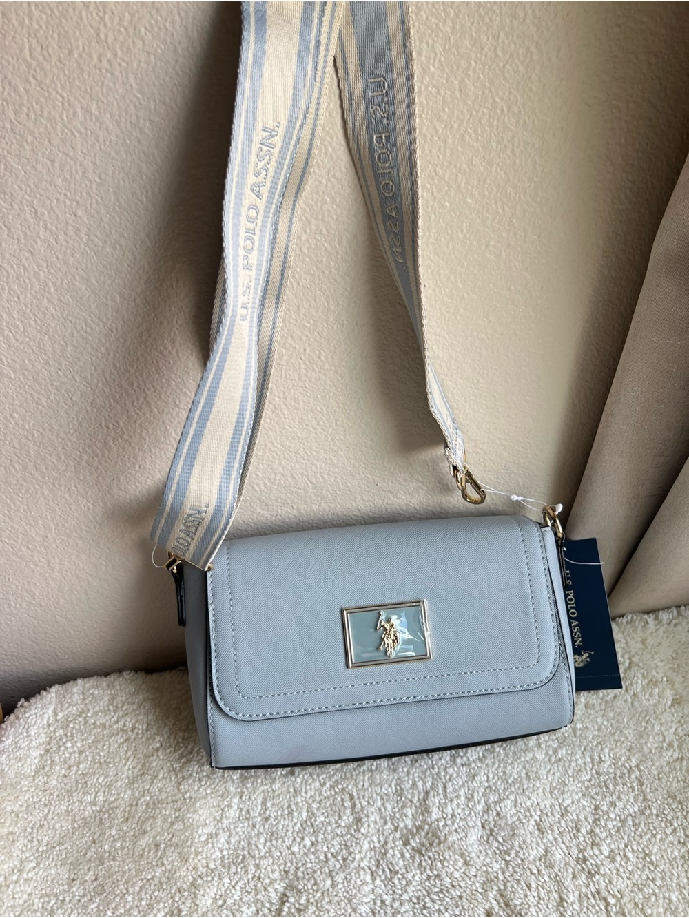U.S. Polo Assn. Light Blue Crossbody Bag with Striped Wide Strap NWT